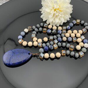 Blue Stone Tear Stone & Glass Beads Long Necklace Boho J906